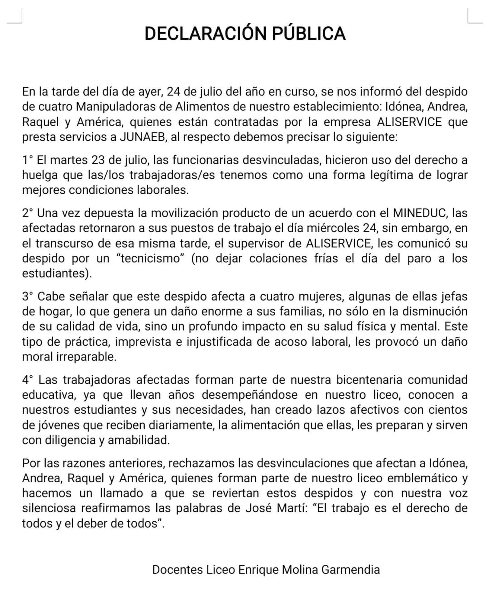 Despiden A Manipuladoras De Alimentos En Liceo Enrique Molina