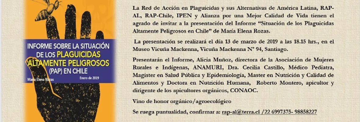 Organizaciones presentarán en Santiago informe acerca del uso de Plaguicidas Altamente Peligrosos en Chile
