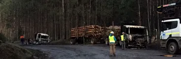 Curanilahue: ataque incendiario en predio de Forestal Arauco deja destruidos 2 camiones y una grúa