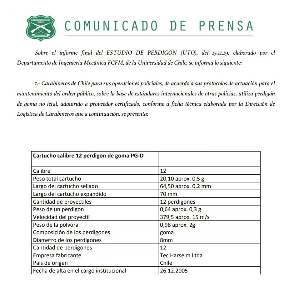 Comunicado de prensa de carábineros respecto a la composición de perdigón