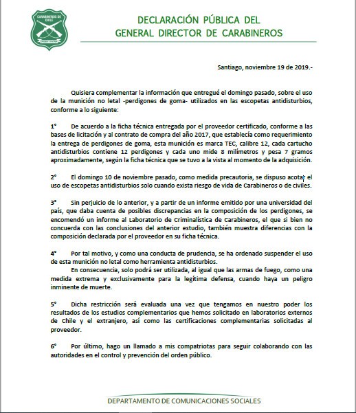 Mario Rozas ordena suspender el uso de tipo de perdigón analizado por la Universidad de Chile