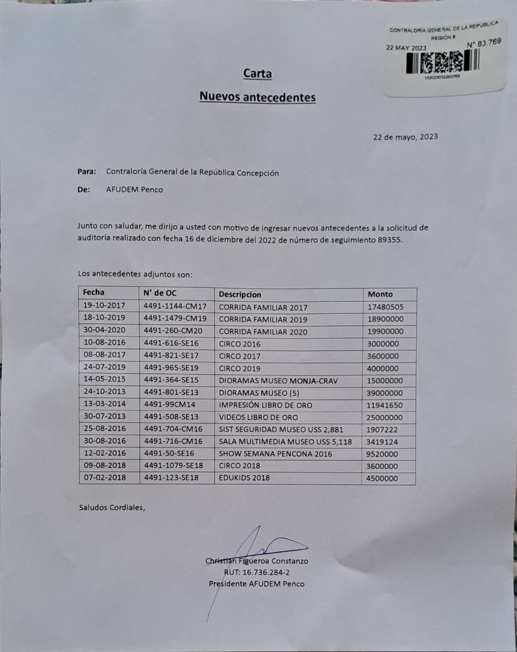 Algunos de los antecedentes entregados por la AFUDEM en Contraloría