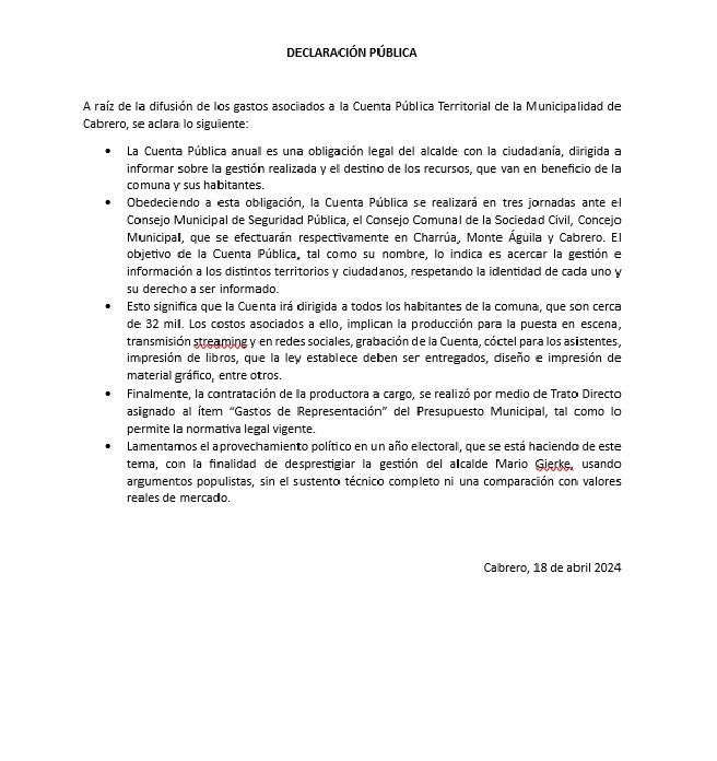 Comunicado de prensa de la Municipalidad de Cabrero