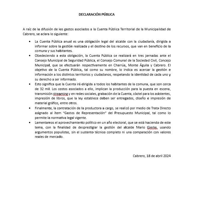 Comunicado de prensa de la Municipalidad de Cabrero