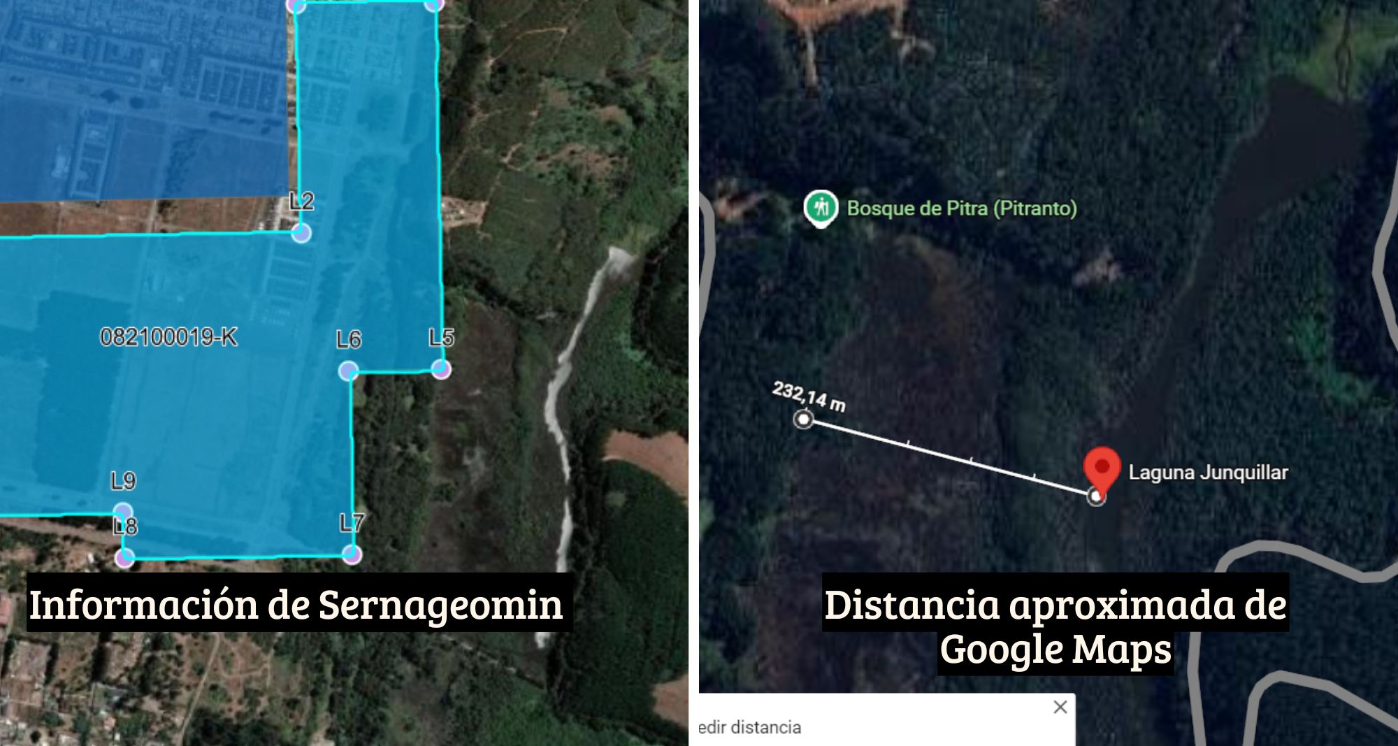 Comparación entre visor de Sernageomin y Google Maps | Concesión de Forestal Mininco y cercanía con Laguna Junquillar
